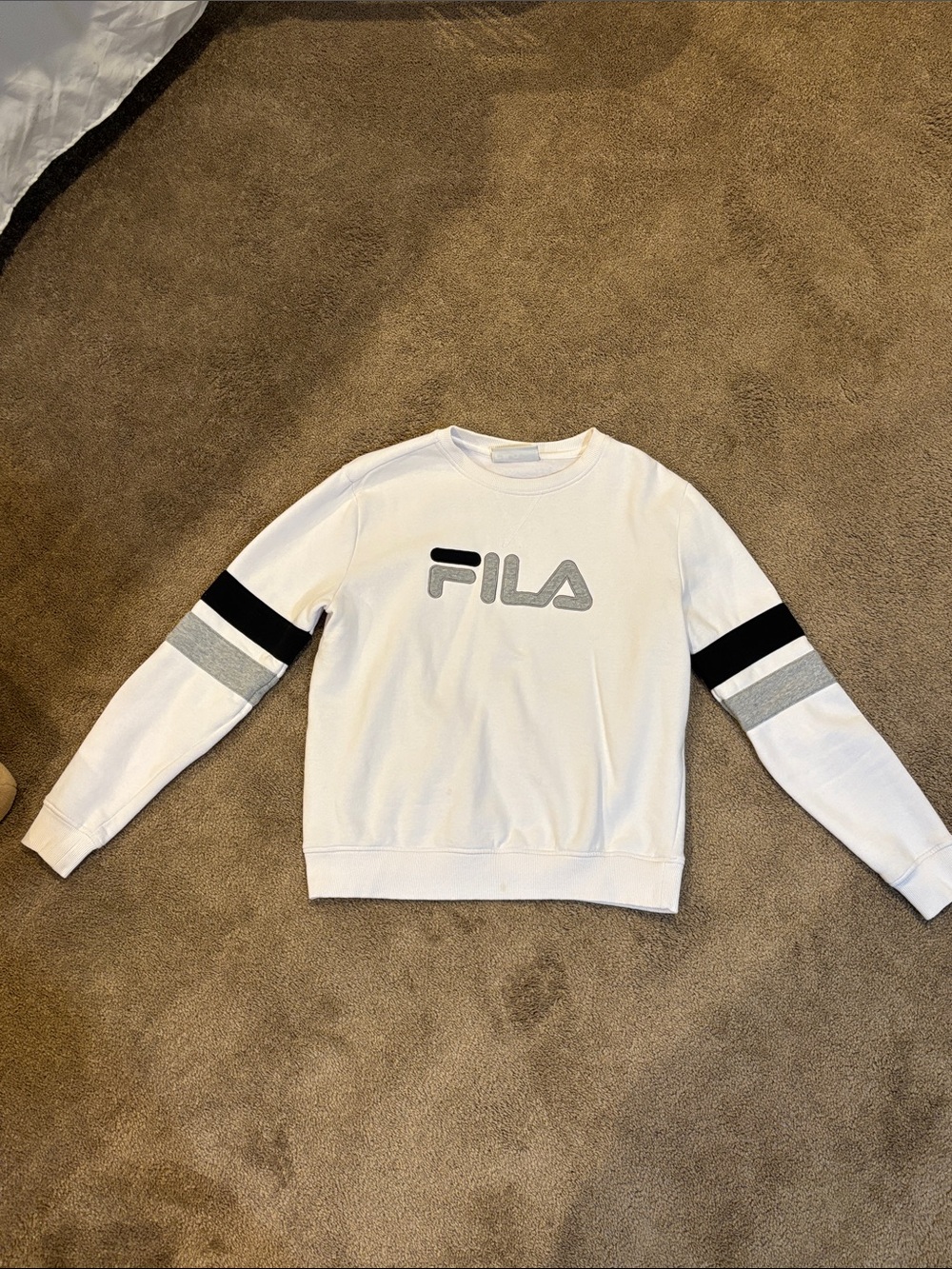 FILA Women’s White Crewneck Sweatshirt with Grey Logo and Sleeve Stripes